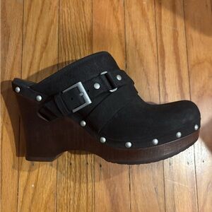 UGG Black and Brown Mules with Silver Accents